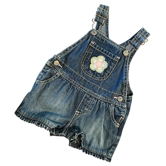Vintage Oshkosh B'gosh Baby Girls Flower Overall Shortall0-6 moRuffle Hem